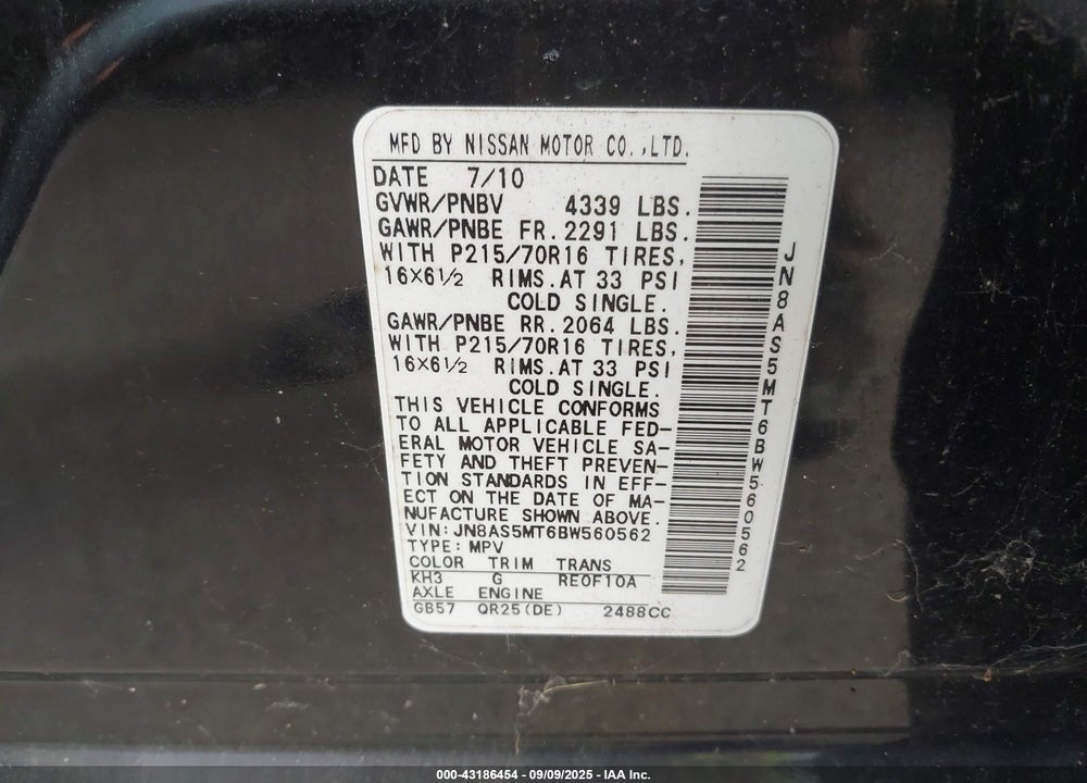 2011 NISSAN ROGUE S VIN: JN8AS5MT6BW560562