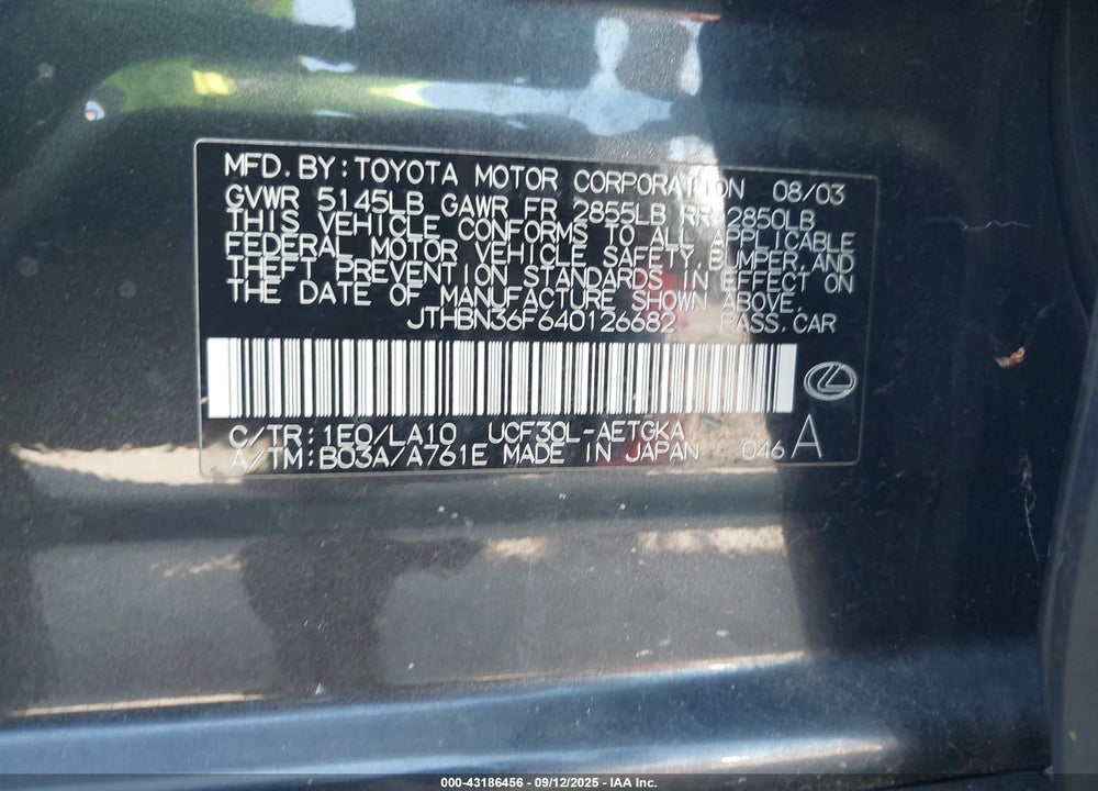 2004 LEXUS LS 430 VIN: JTHBN36F640126682