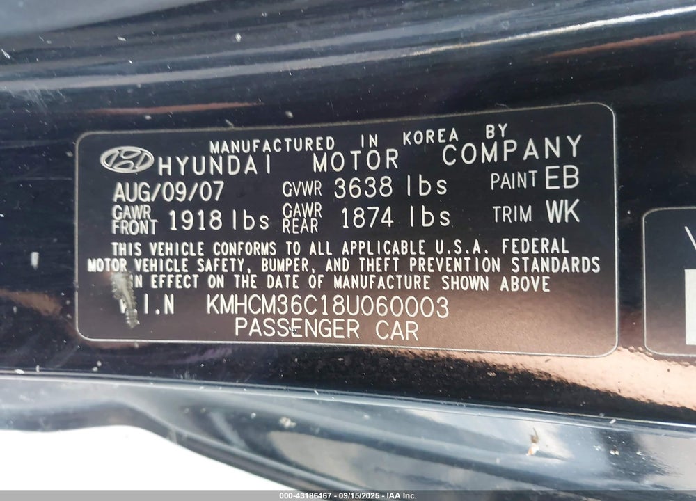 2008 HYUNDAI ACCENT GS VIN: KMHCM36C18U060003
