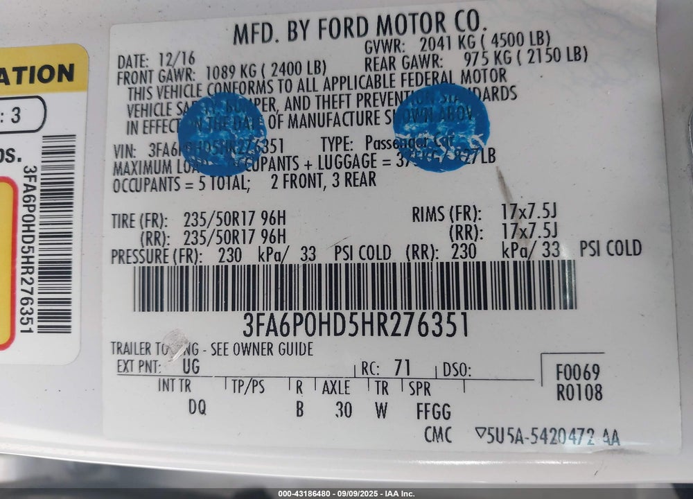 2017 FORD FUSION VIN: 3FA6P0HD5HR276351