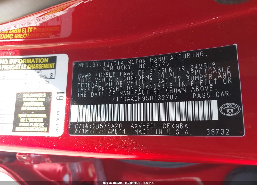 2025 TOYOTA CAMRY VIN: 4T1DAACK9SU132702