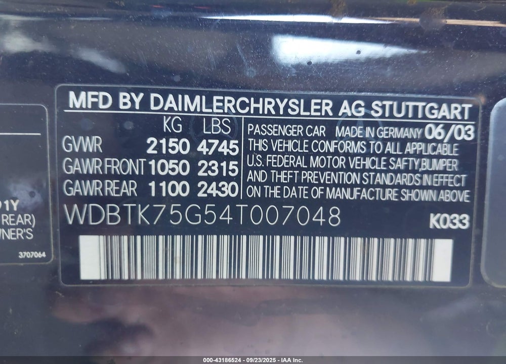 2004 MERCEDES-BENZ CLK 500 VIN: WDBTK75G54T007048