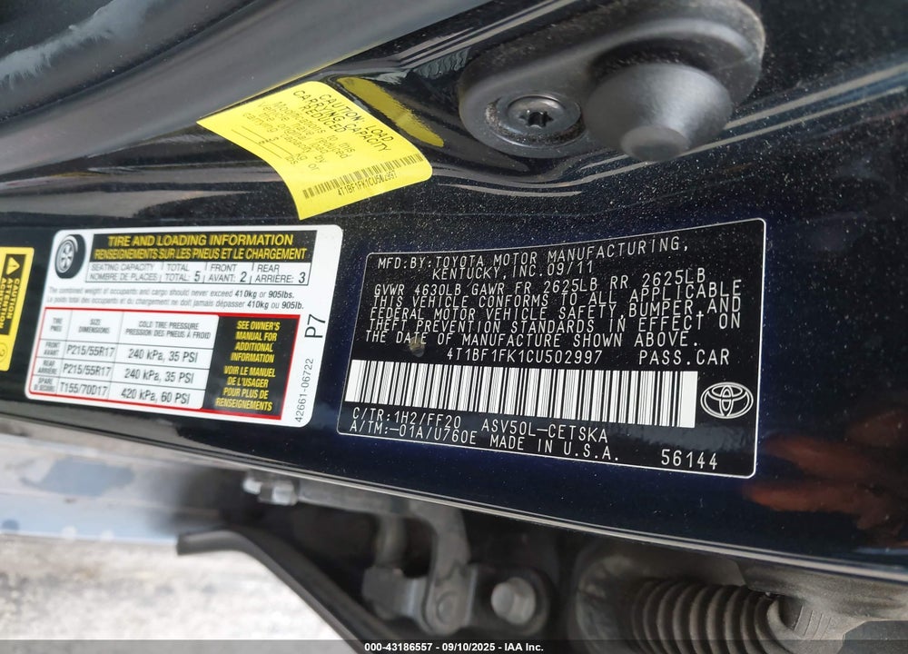2012 TOYOTA CAMRY VIN: 4T1BF1FK1CU502997