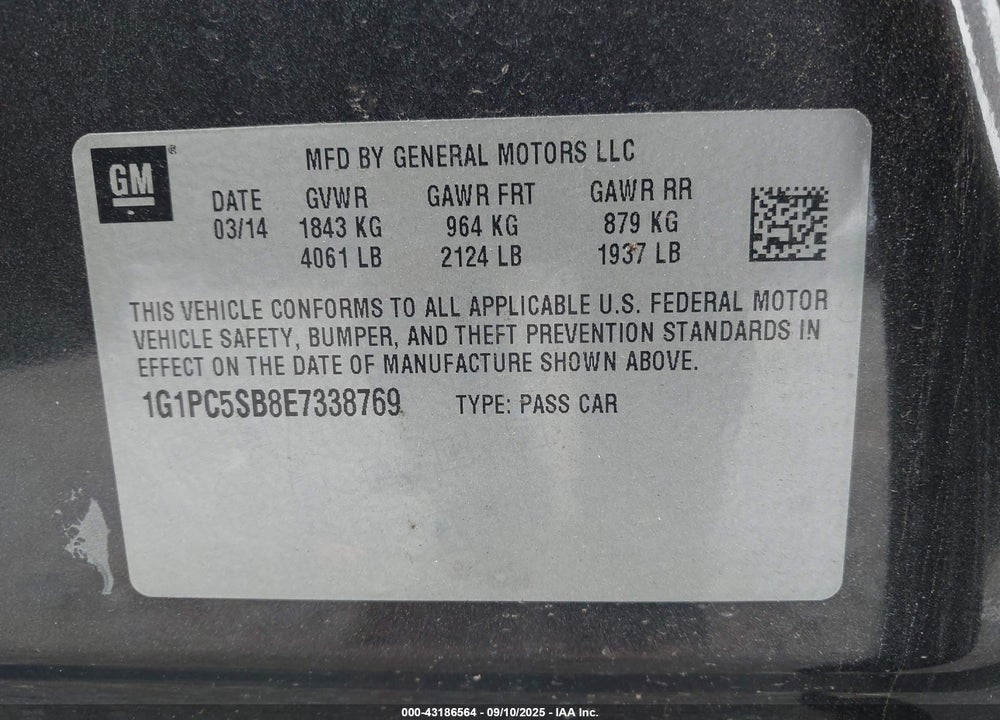 2014 CHEVROLET CRUZE VIN: 1G1PC5SB8E7338769