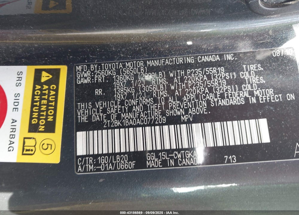 2010 LEXUS RX 350 VIN: 2T2BK1BA0AC077209