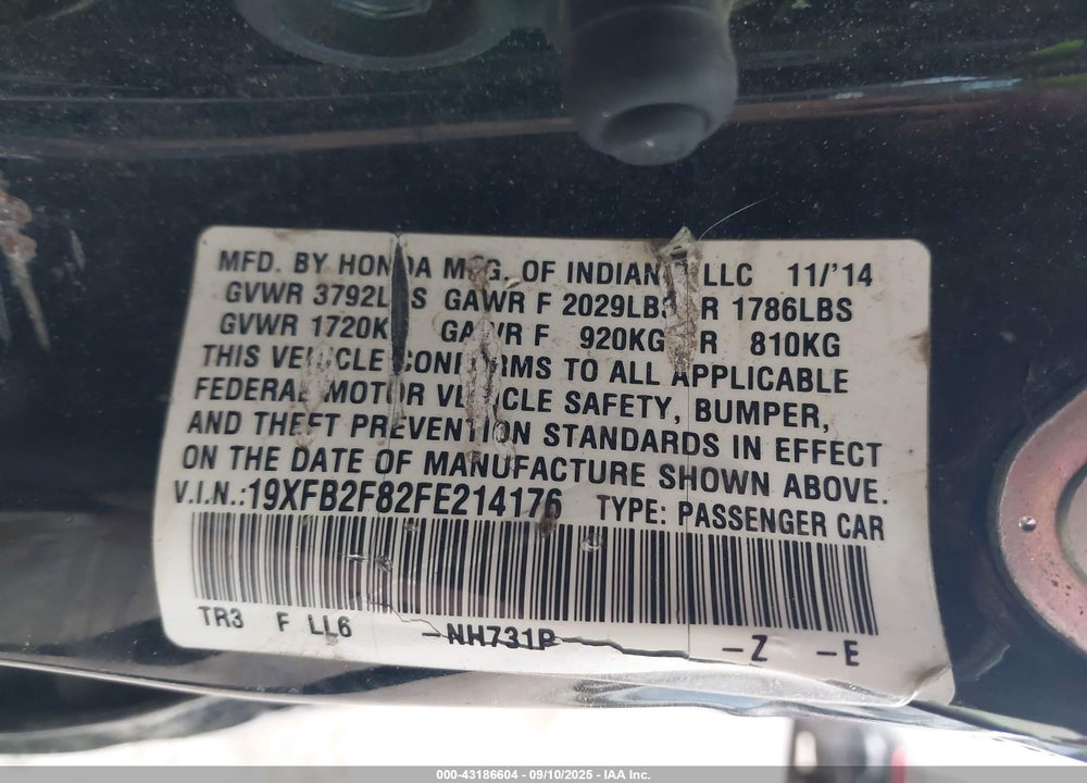 2015 HONDA CIVIC EX VIN: 19XFB2F82FE214176