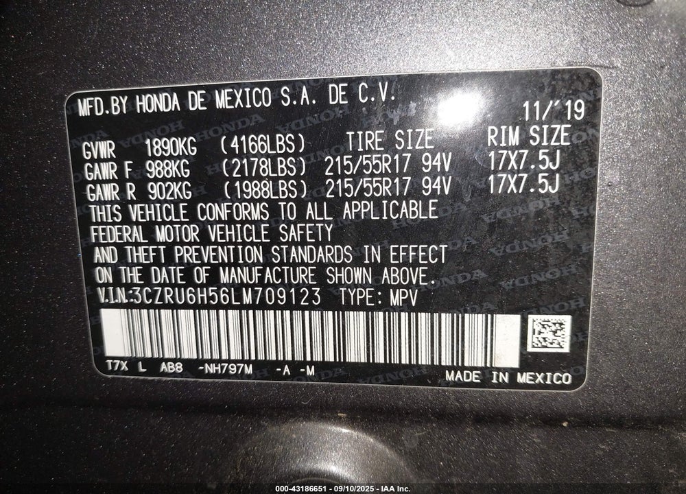 2020 HONDA HR-V AWD EX VIN: 3CZRU6H56LM709123