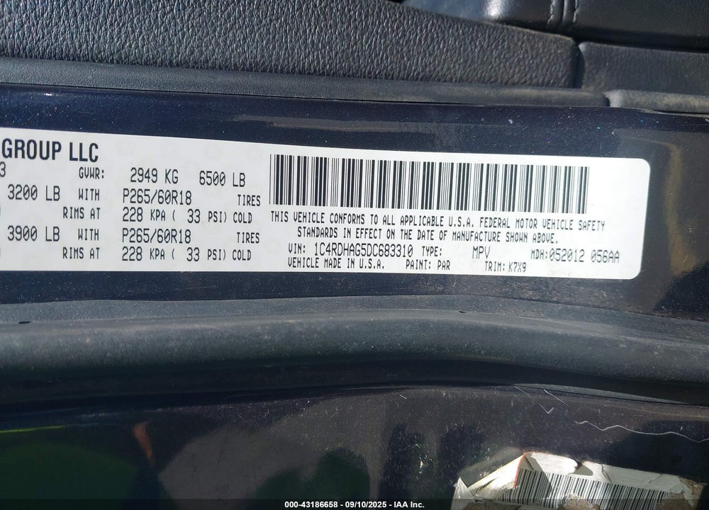 2013 DODGE DURANGO SXT VIN: 1C4RDHAG5DC683310