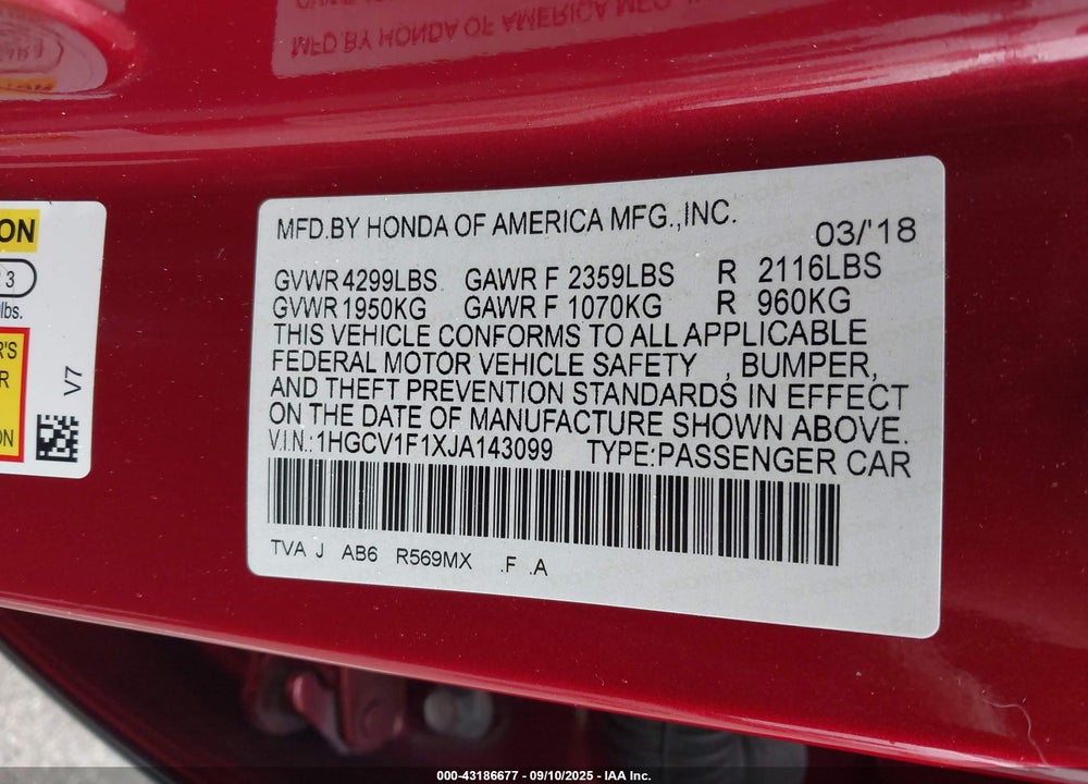 2018 HONDA ACCORD VIN: 1HGCV1F1XJA143099