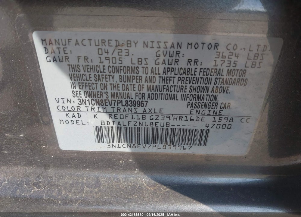 2023 NISSAN VERSA 1.6 SV XTRONIC CVT VIN: 3N1CN8EV7PL839967