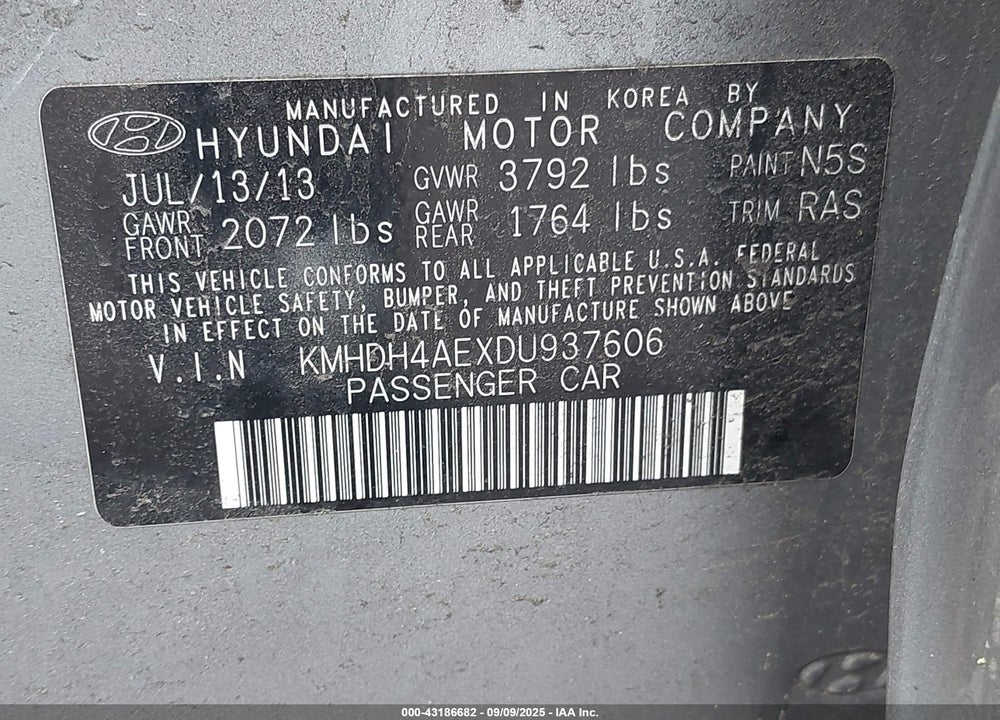 2013 HYUNDAI ELANTRA VIN: KMHDH4AEXDU937606