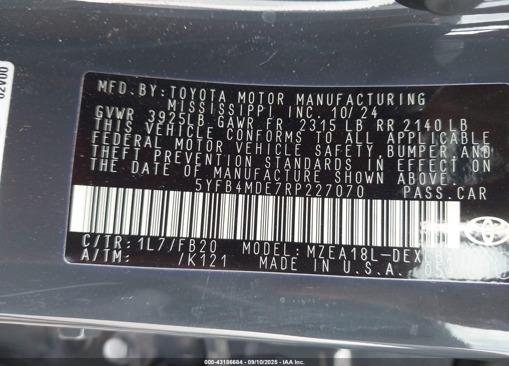 2024 TOYOTA COROLLA LE VIN: 5YFB4MDE7RP227070