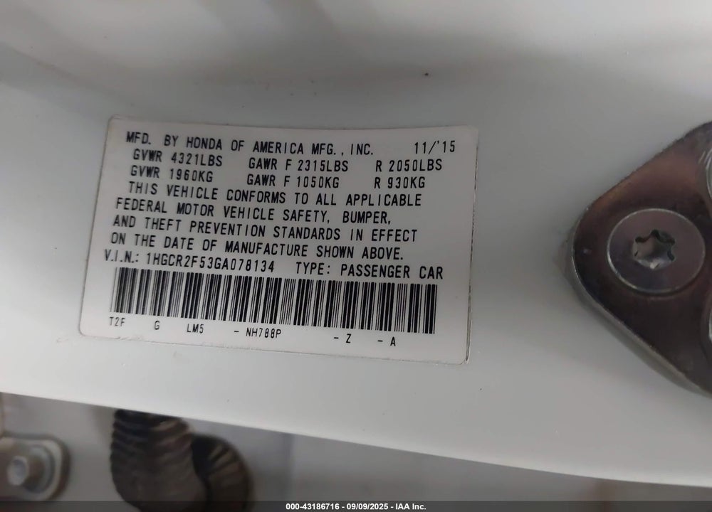 2016 HONDA ACCORD VIN: 1HGCR2F53GA078134