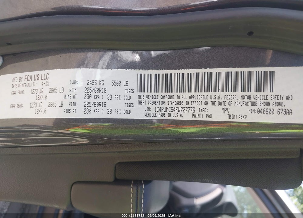 2015 JEEP CHEROKEE VIN: 1C4PJMCS4FW727776