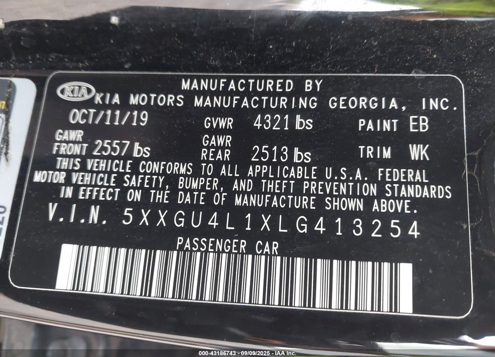 2020 KIA OPTIMA VIN: 5XXGU4L1XLG413254