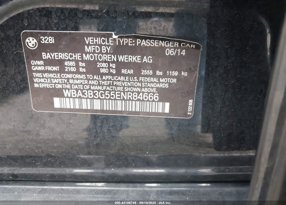 2014 BMW 3 SERIES VIN: WBA3B3G55ENR84666