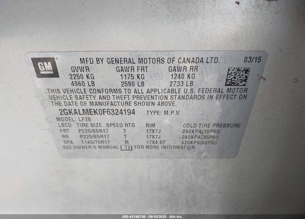 2015 GMC TERRAIN VIN: 2GKALMEK0F6324194