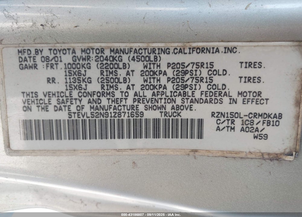 2001 TOYOTA TACOMA VIN: 5TEVL52N91Z871659