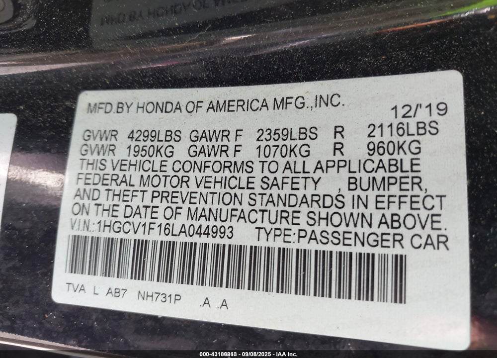 2020 HONDA ACCORD VIN: 1HGCV1F16LA044993