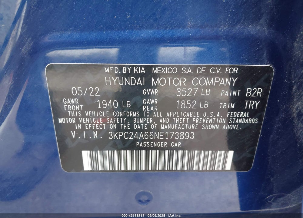 2022 HYUNDAI ACCENT SE VIN: 3KPC24A66NE173893