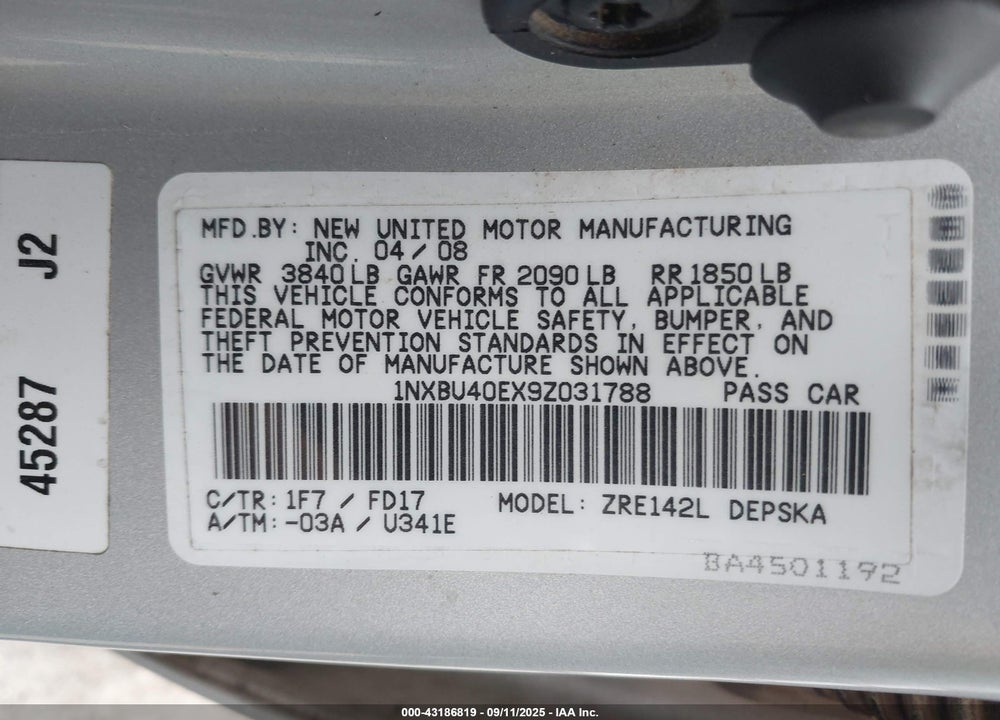 2009 TOYOTA COROLLA S VIN: 1NXBU40EX9Z031788