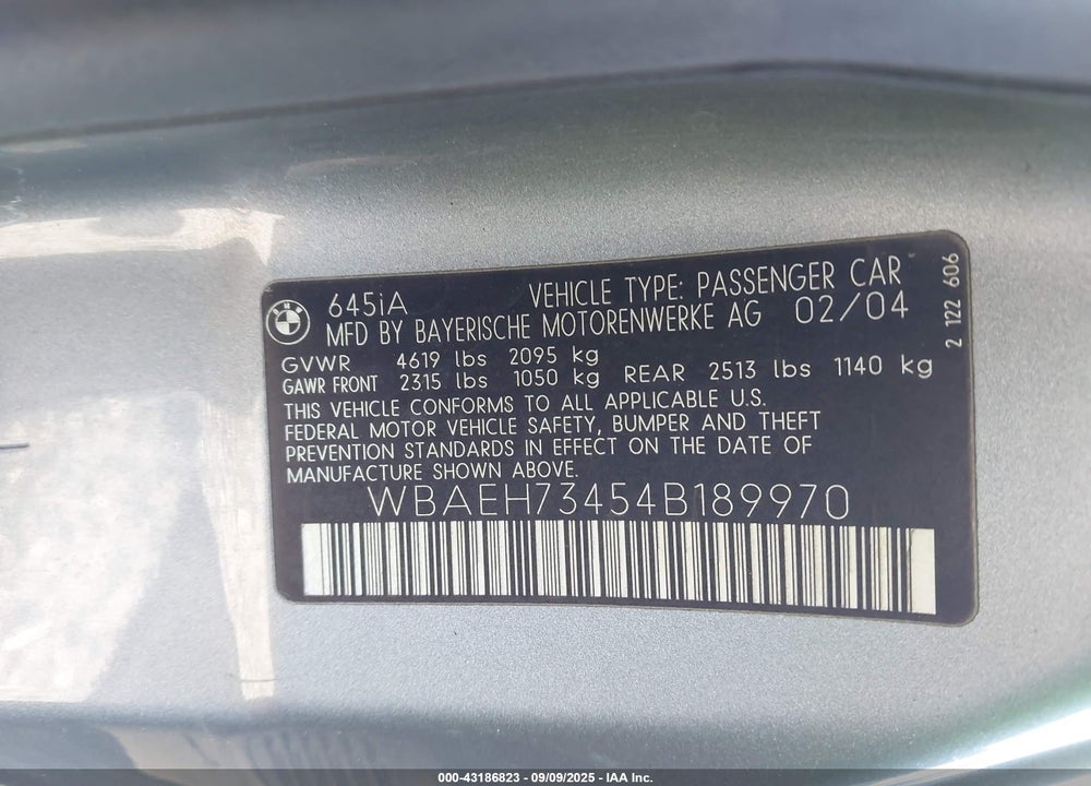 2004 BMW 645CI VIN: WBAEH73454B189970