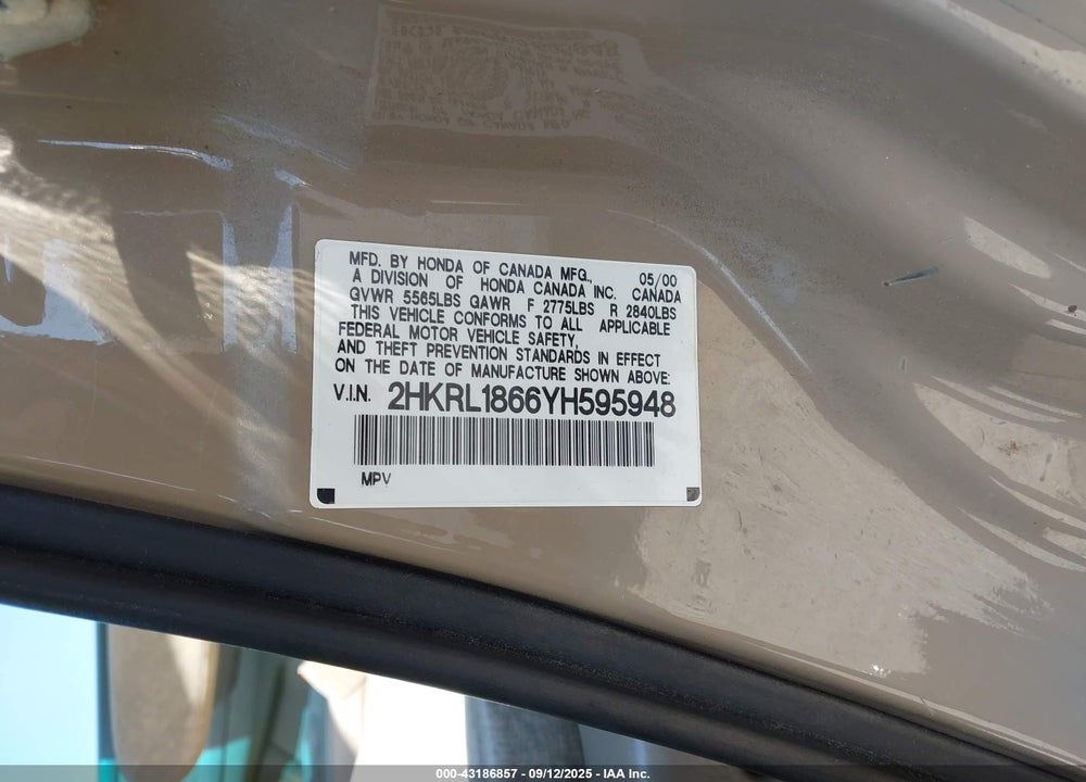 2000 HONDA ODYSSEY EX VIN: 2HKRL1866YH595948
