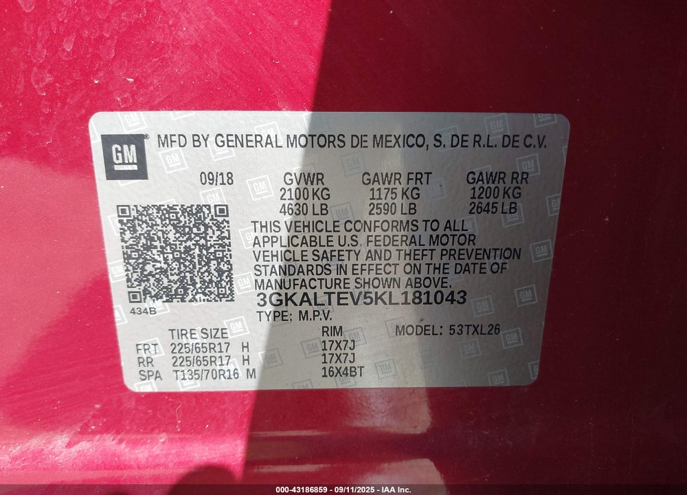 2019 GMC TERRAIN VIN: 3GKALTEV5KL181043