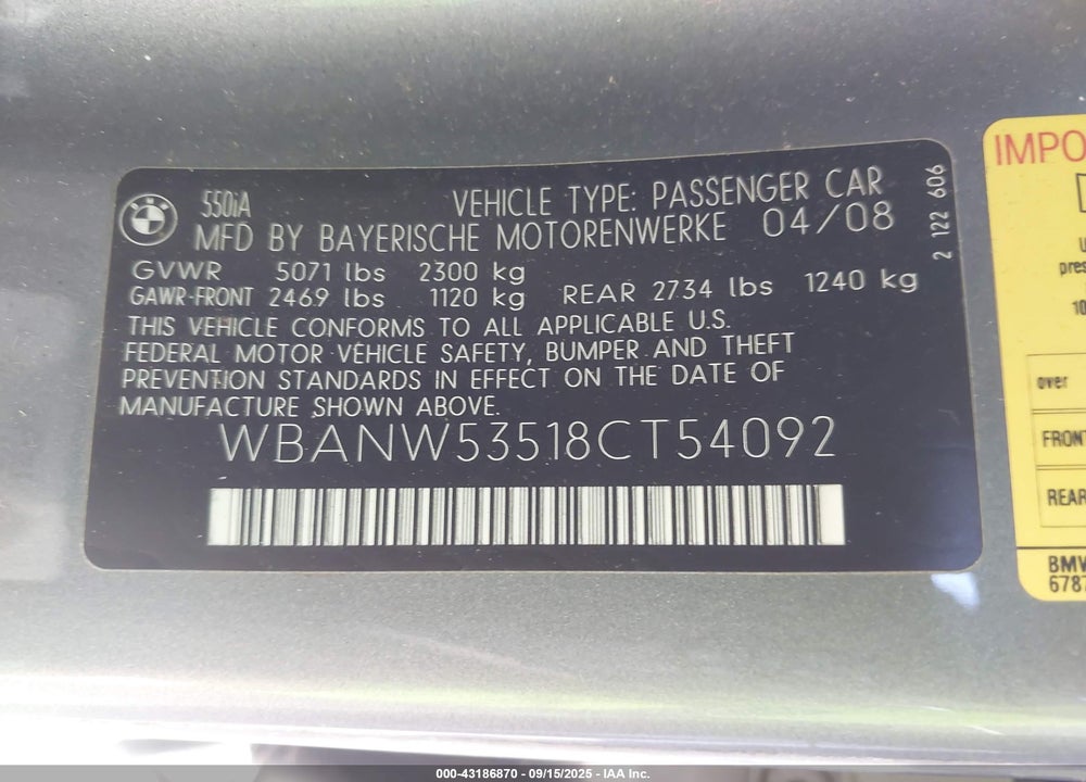 2008 BMW 5 SERIES VIN: WBANW53518CT54092