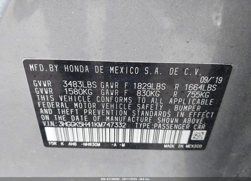 2019 HONDA FIT VIN: 3HGGK5H41KM747332