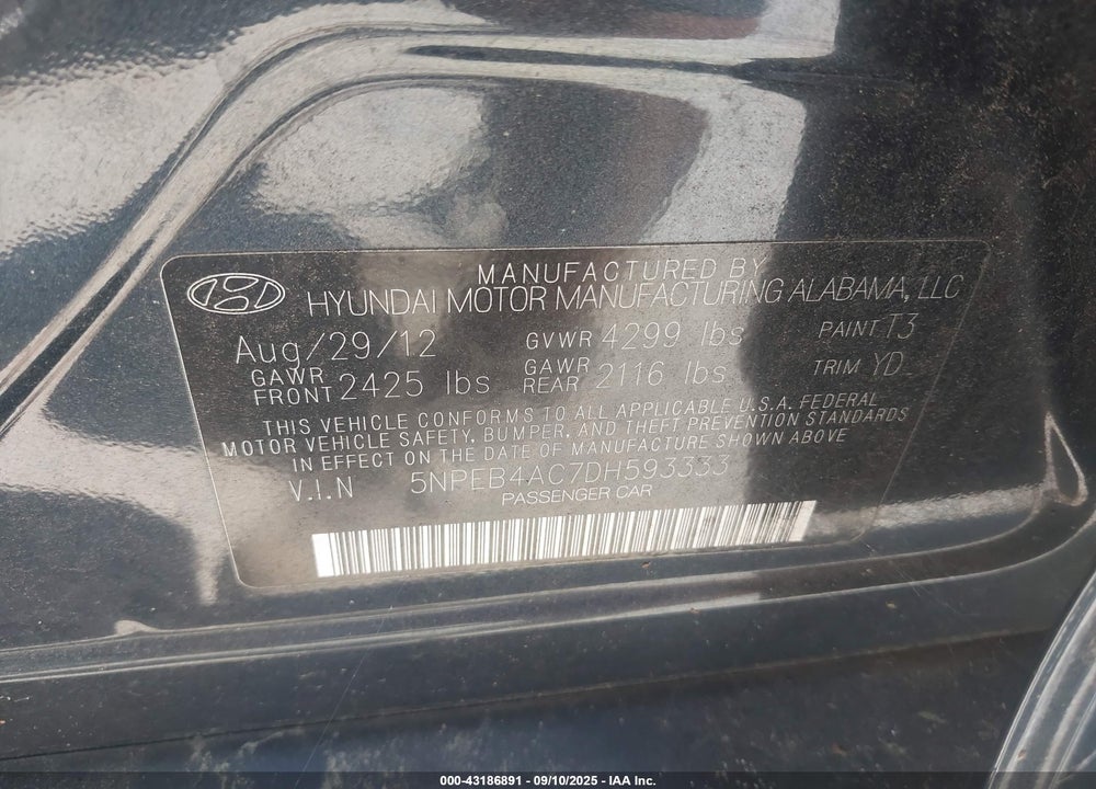 2013 HYUNDAI SONATA VIN: 5NPEB4AC7DH593333