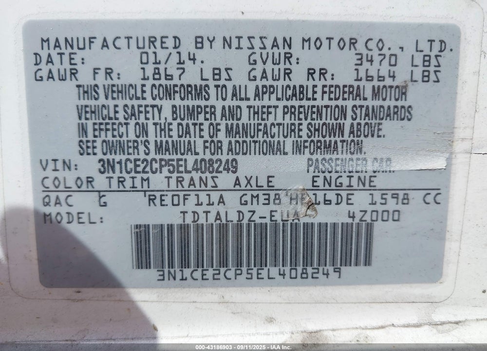 2014 NISSAN VERSA NOTE VIN: 3N1CE2CP5EL408249