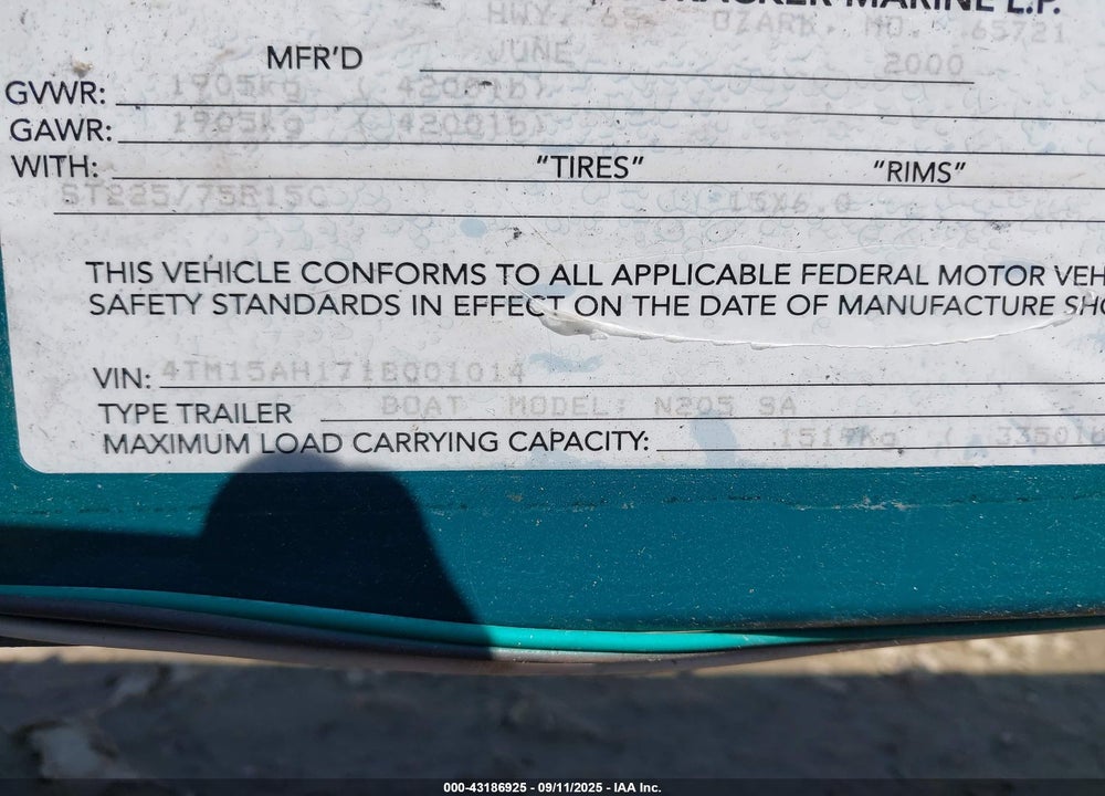 2001 TRACKER MARINE NITRO VIN: 4TM15AH171B001014