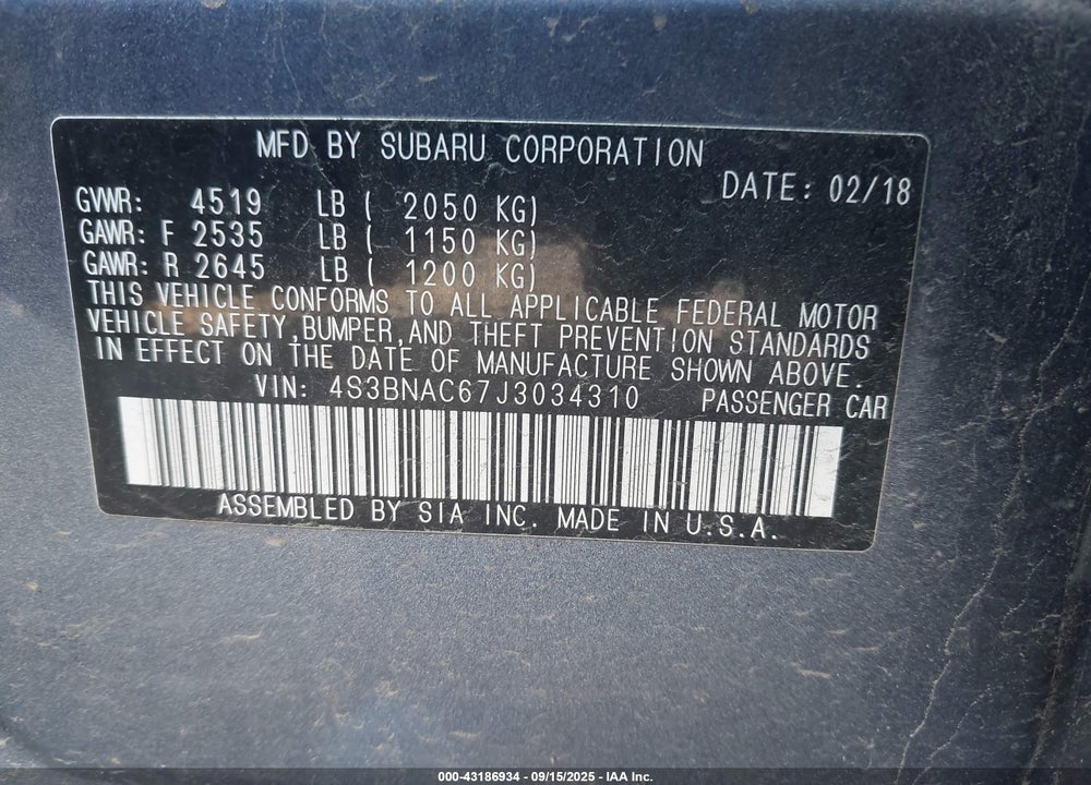 2018 SUBARU LEGACY VIN: 4S3BNAC67J3034310