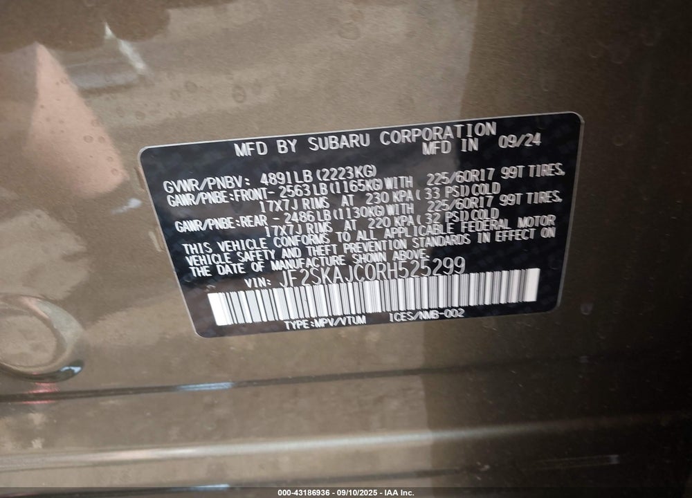 2024 SUBARU FORESTER VIN: JF2SKAJC0RH525299