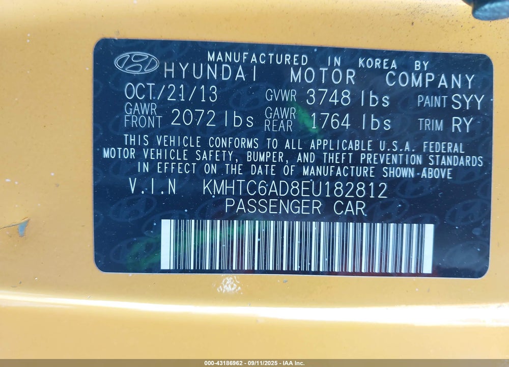 2014 HYUNDAI VELOSTER BASE W/BLACK VIN: KMHTC6AD8EU182812