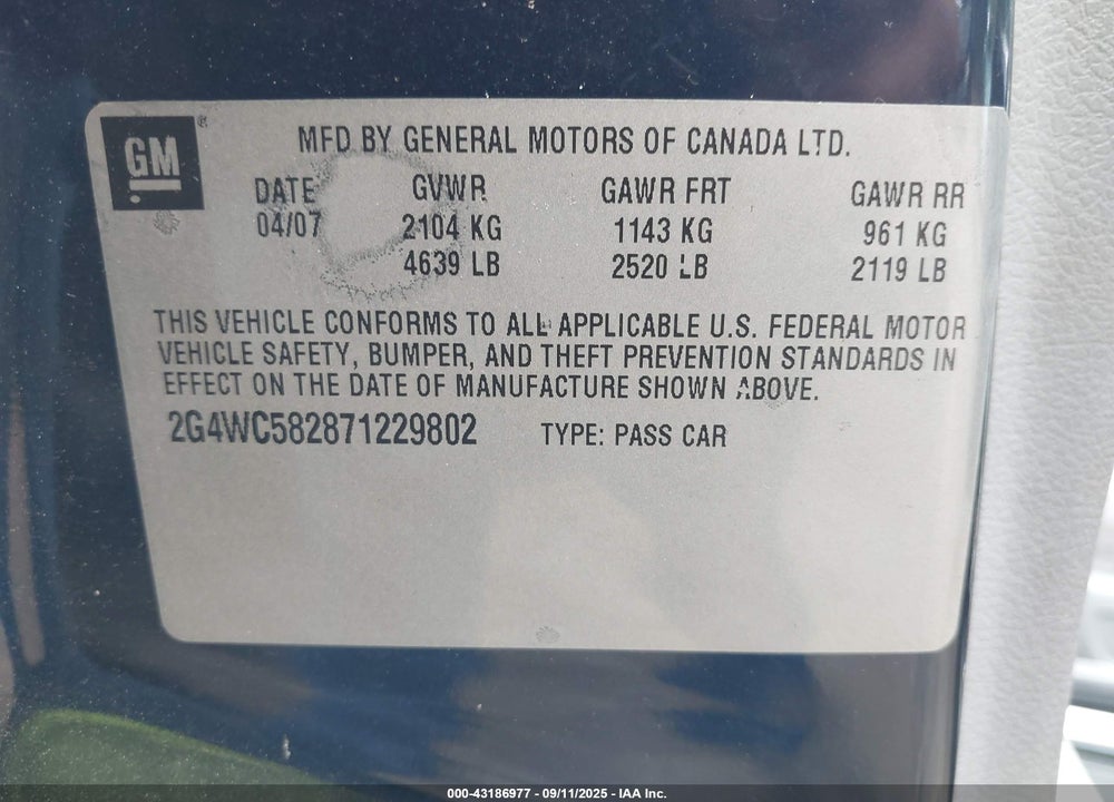 2007 BUICK LACROSSE VIN: 2G4WC582871229802