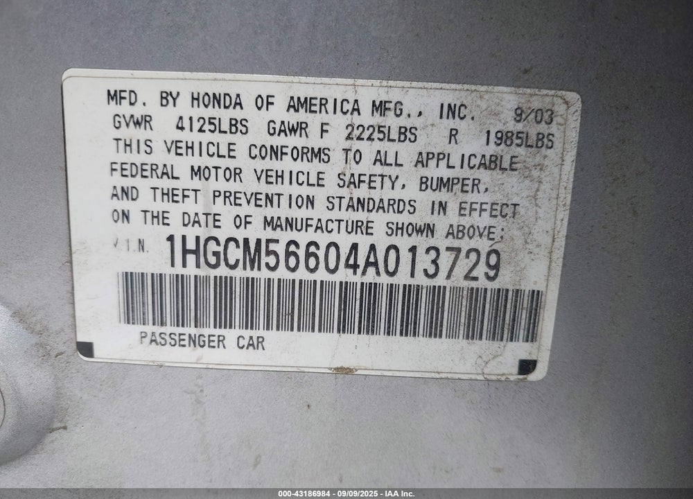 2004 HONDA ACCORD 2.4 EX VIN: 1HGCM56604A013729