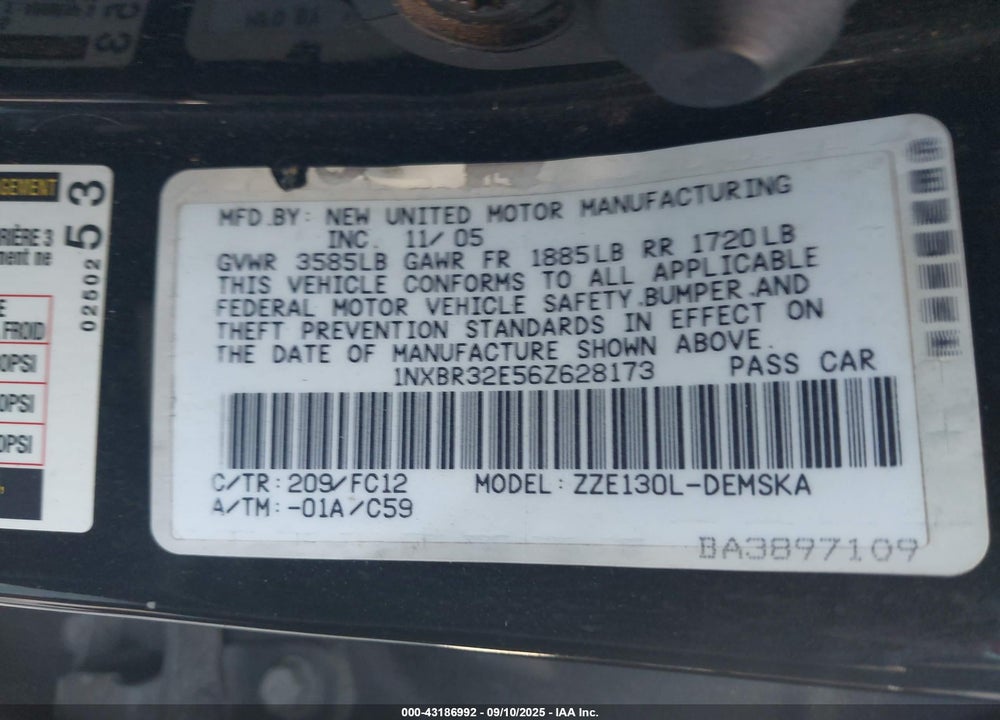 2006 TOYOTA COROLLA VIN: 1NXBR32E56Z628173