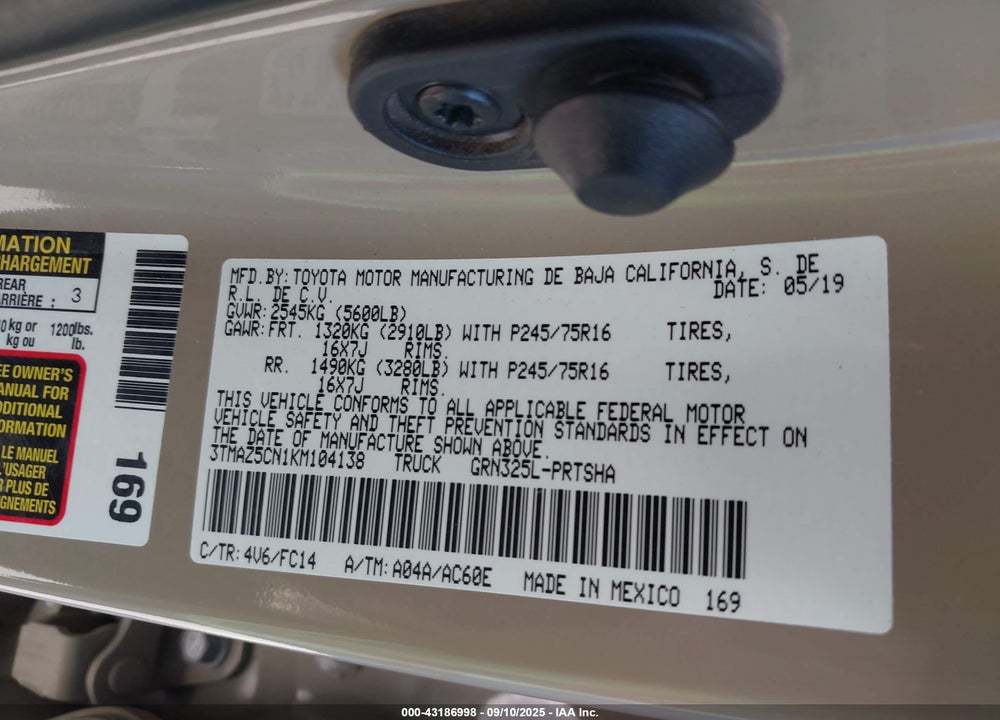 2019 TOYOTA TACOMA SR5 V6 VIN: 3TMAZ5CN1KM104138