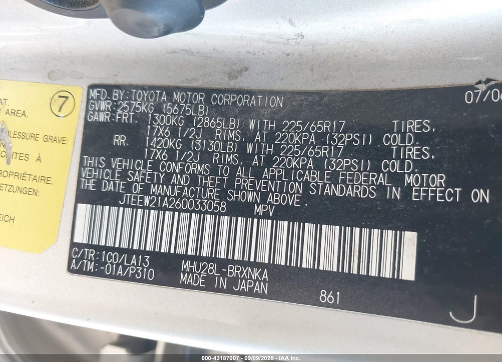 2006 TOYOTA HIGHLANDER HYBRID LIMITED V6 VIN: JTEEW21A260033058