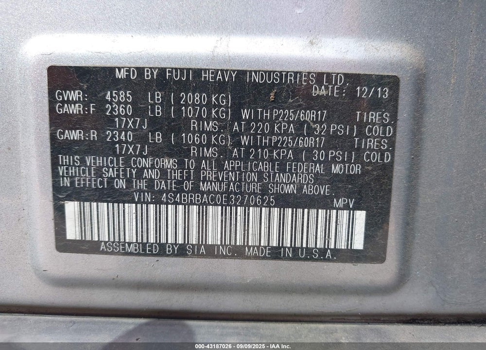 2014 SUBARU OUTBACK 2.5I VIN: 4S4BRBAC0E3270625
