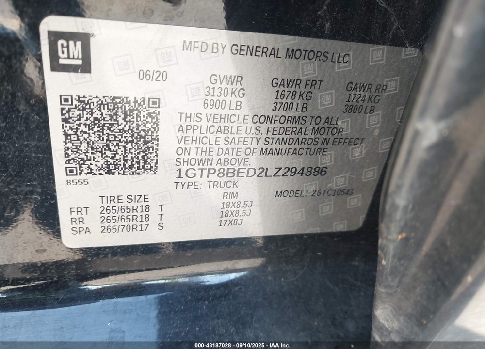 2020 GMC SIERRA 1500 VIN: 1GTP8BED2LZ294886