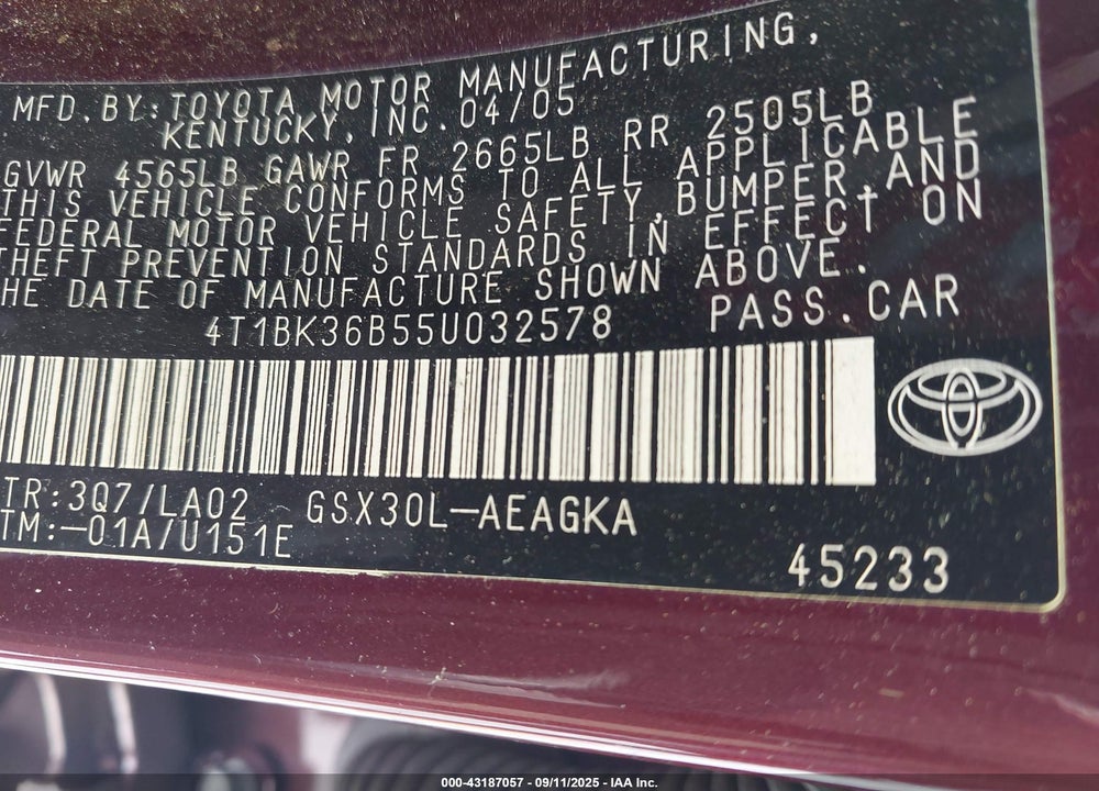 2005 TOYOTA AVALON XLS VIN: 4T1BK36B55U032578