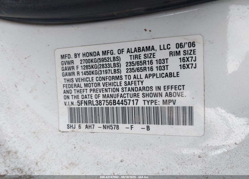 2006 HONDA ODYSSEY EX-L VIN: 5FNRL38756B445717