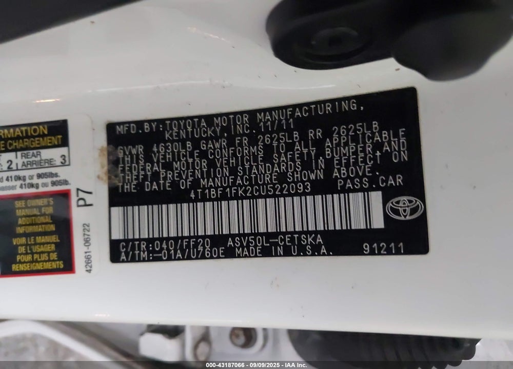2012 TOYOTA CAMRY VIN: 4T1BF1FK2CU522093