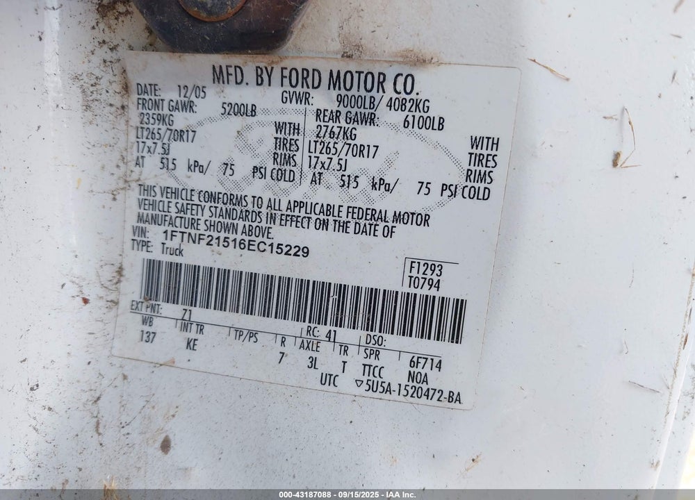 2006 FORD F-250 XL/XLT VIN: 1FTNF21516EC15229