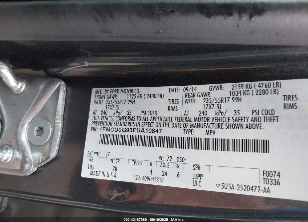 2015 FORD ESCAPE VIN: 1FMCU0G93FUA10847