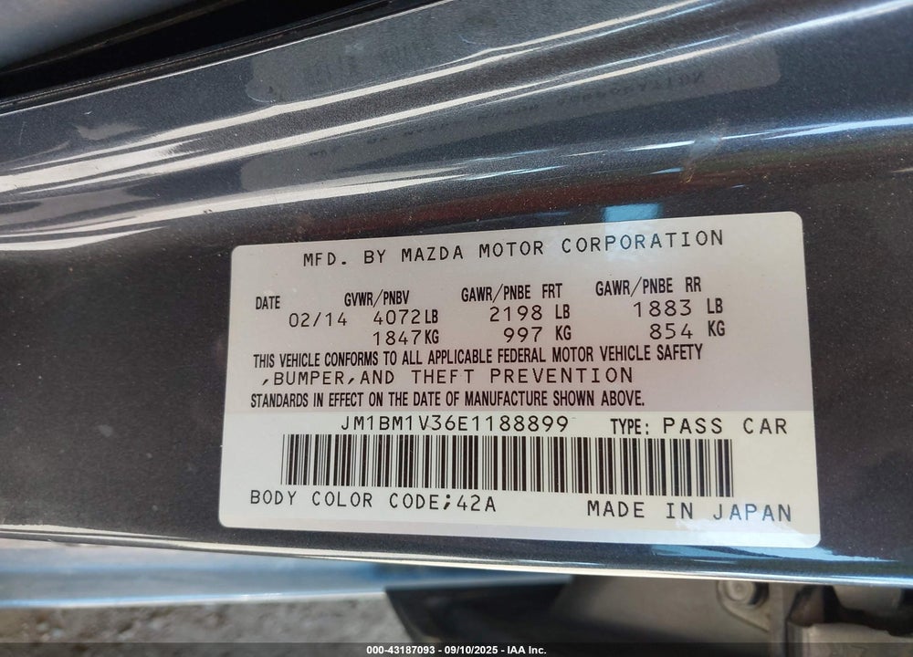 2014 MAZDA 3 VIN: JM1BM1V36E1188899