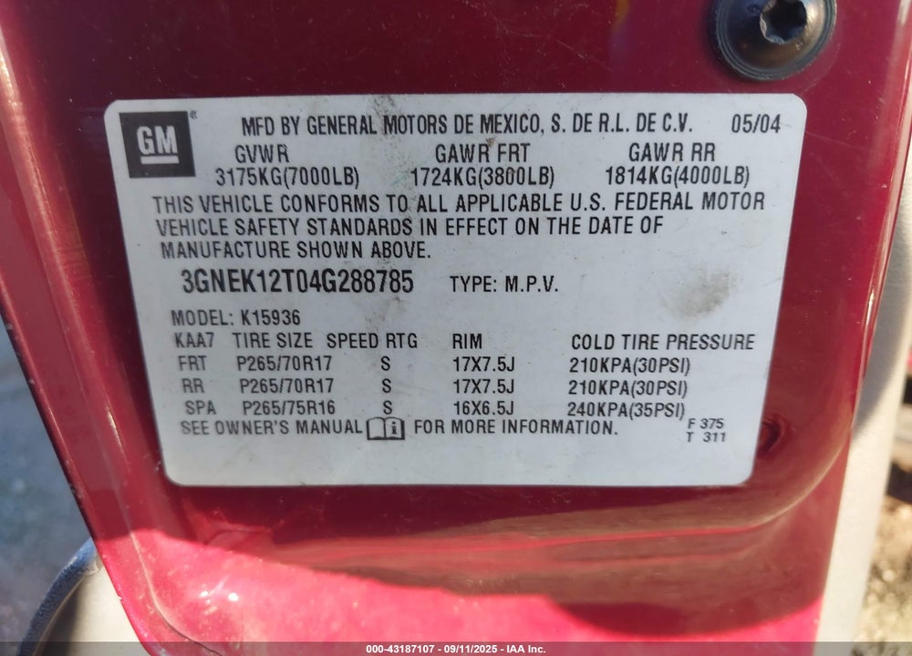 2004 CHEVROLET AVALANCHE K1500 VIN: 3GNEK12T04G288785